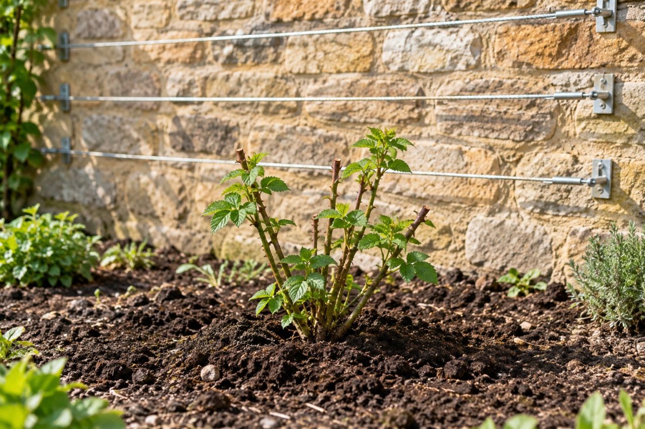 A young blackberry plant planted in front of a wall with horizontal wires