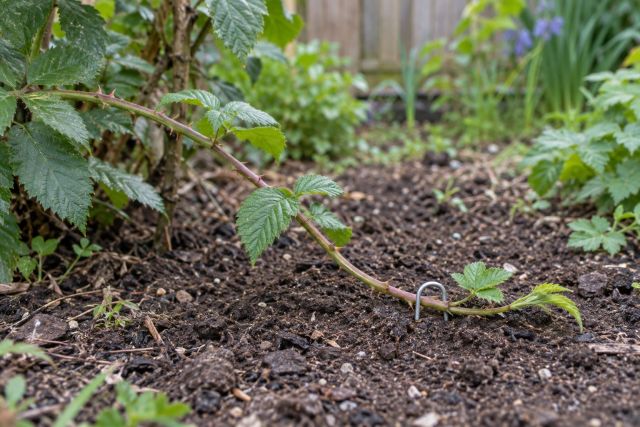 A blackberry cane tip pegged into the soil to root