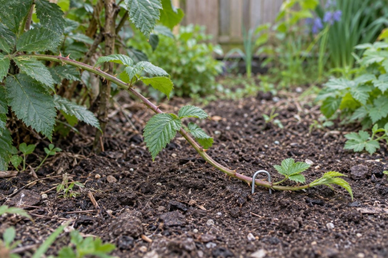 A blackberry cane tip pegged into the soil to root