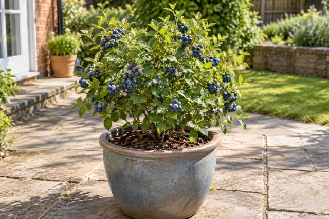 A compact blueberry in a large pot of ericaceous compost on a patio
