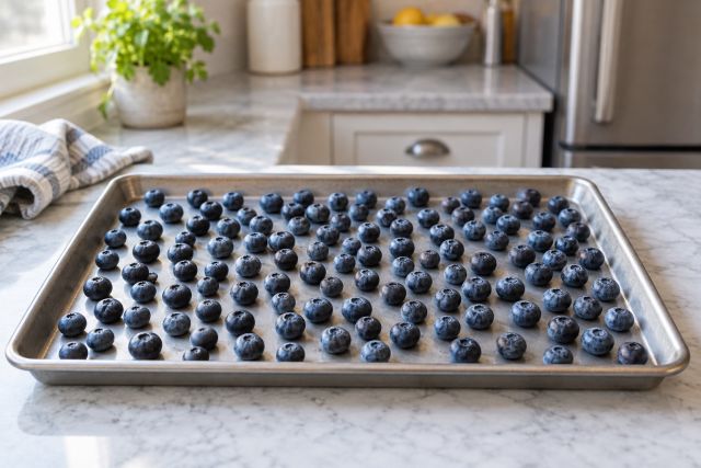 Blueberries spread on a tray for freezing