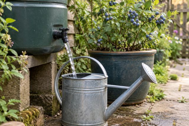 Watering a potted blueberry with rainwater from a butt
