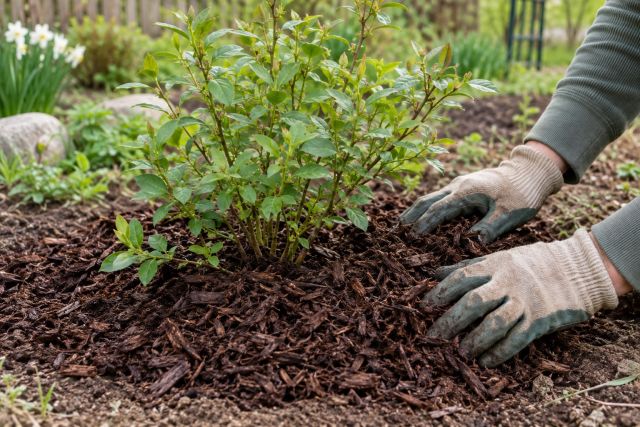 Spreading pine bark mulch around a blueberry bush