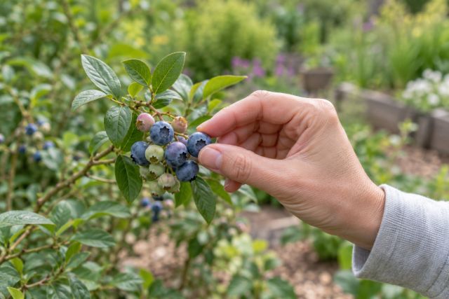 A hand picking ripe blueberries from a cluster, some still green