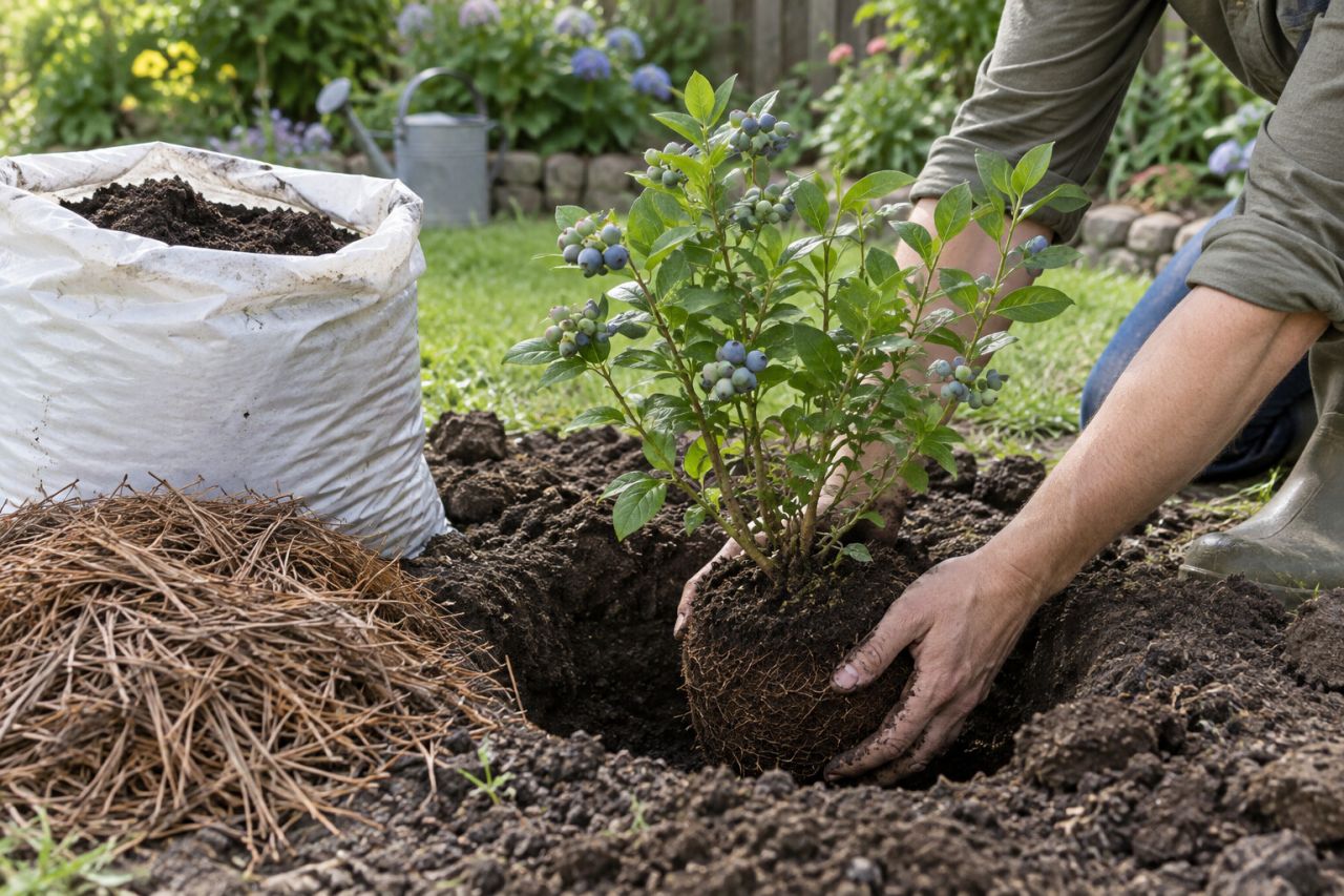 A blueberry bush being planted into acid soil mulched with pine needles