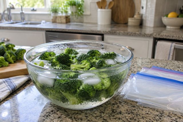 Broccoli florets blanching for the freezer