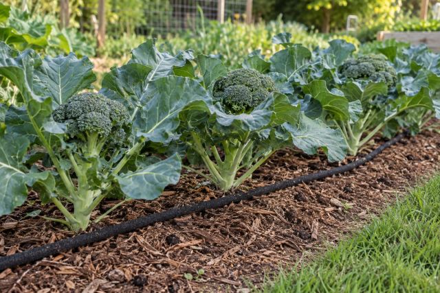 A soaker hose along a row of broccoli