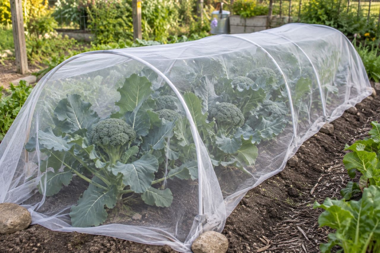 Broccoli plants growing under fine insect mesh on hoops