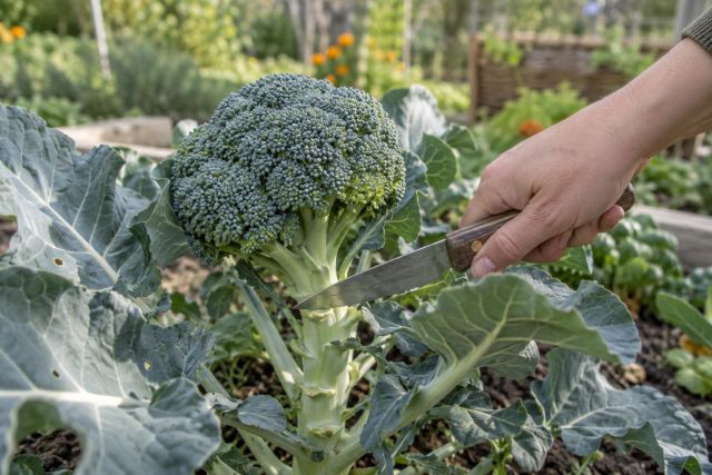 A knife cutting a tight green broccoli head from the plant