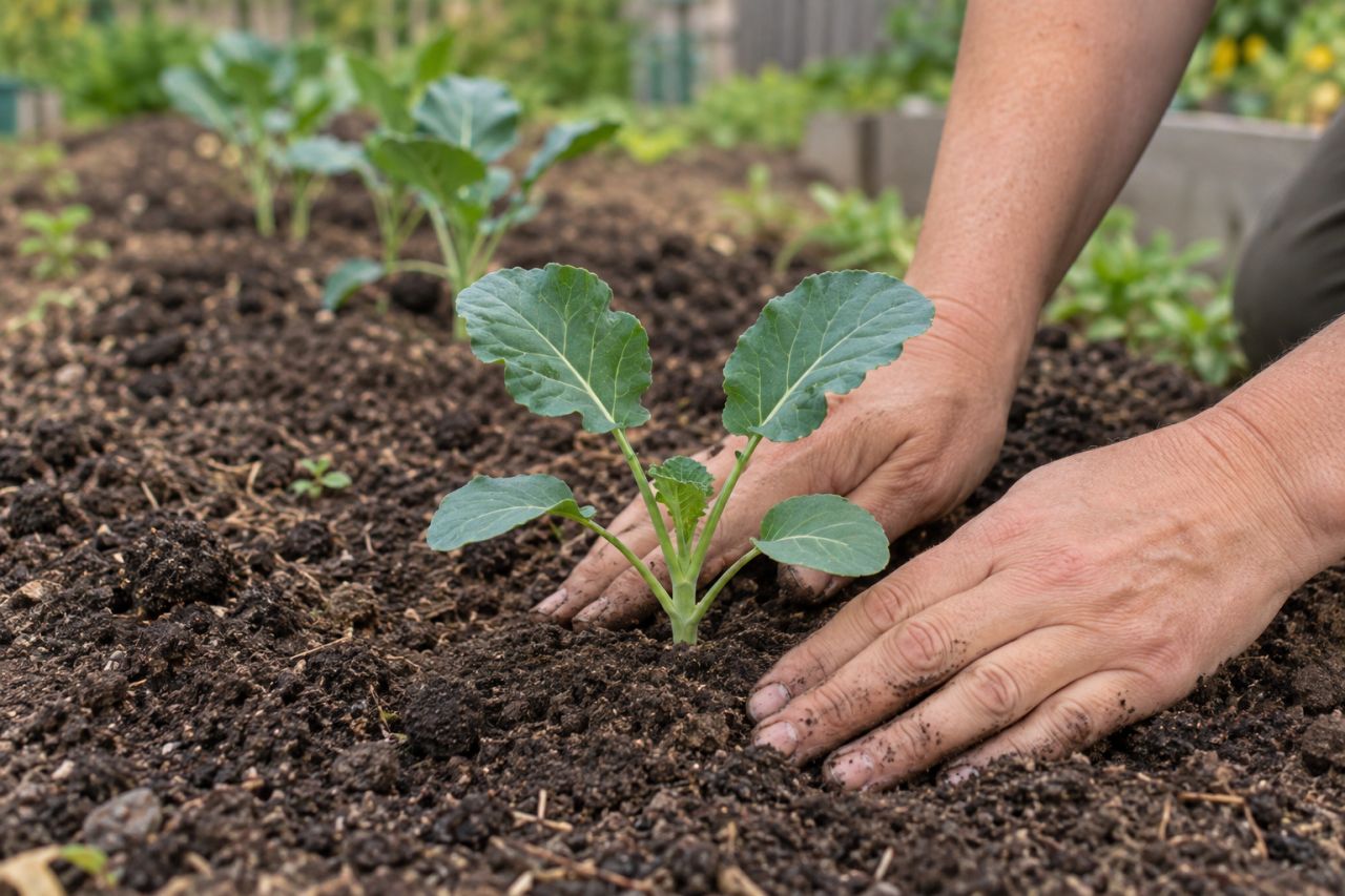 A young broccoli plant being firmed into the soil with a hand