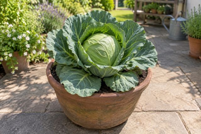 A compact cabbage growing in a large pot