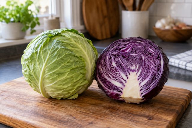 A red and a green cabbage, one cut in half, on a kitchen board