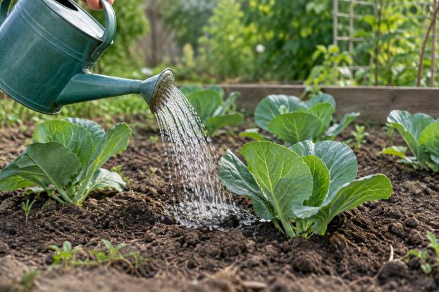 Watering young cabbages at the base