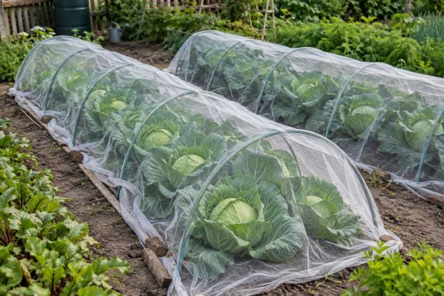 Rows of cabbages under fine insect mesh on hoops