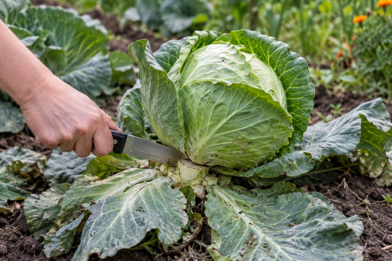 A knife cutting a firm green cabbage head at the base