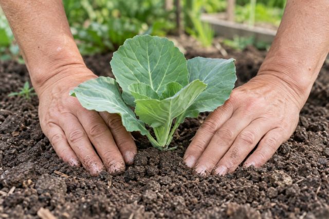 A young cabbage plant firmed into the soil with its lowest leaves at the surface
