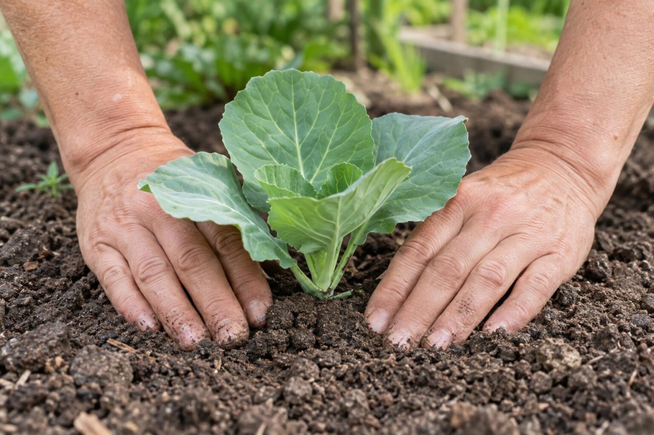 A young cabbage plant firmed into the soil with its lowest leaves at the surface