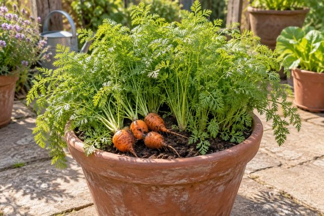 Short carrots growing in a deep pot