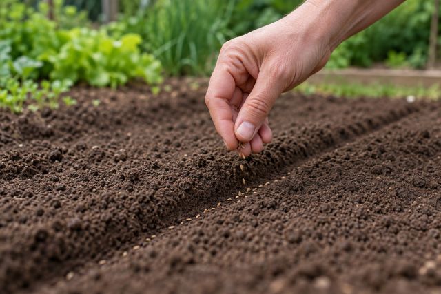 Carrot seed being sown thinly along a shallow drill