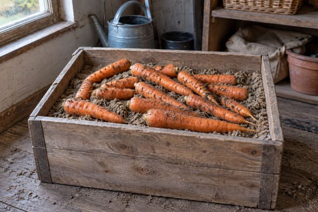 Carrots stored in a box of damp sand