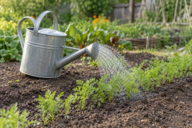 Watering a row of young carrots with a can