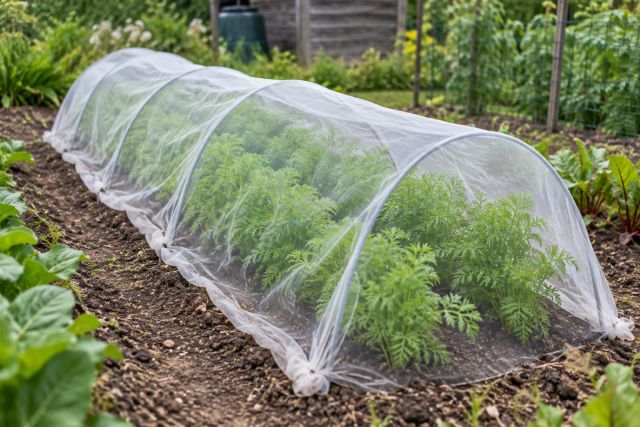 A bed of feathery carrot tops under fine insect mesh