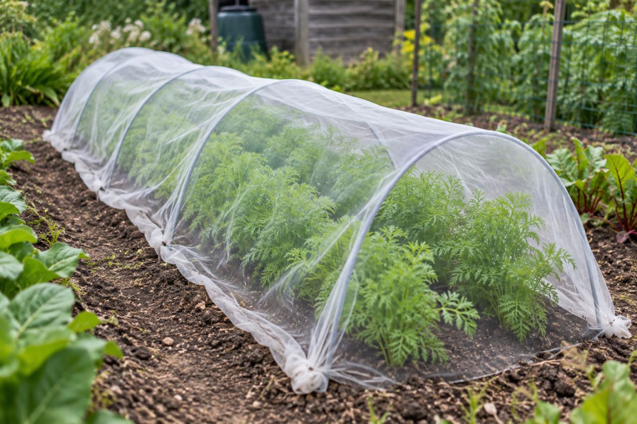 A bed of feathery carrot tops under fine insect mesh