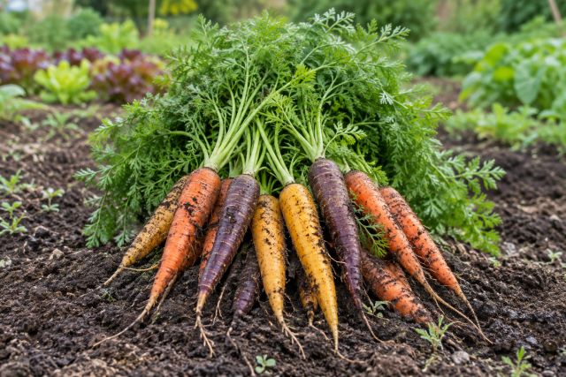A bunch of freshly pulled orange, purple and yellow carrots with soil on