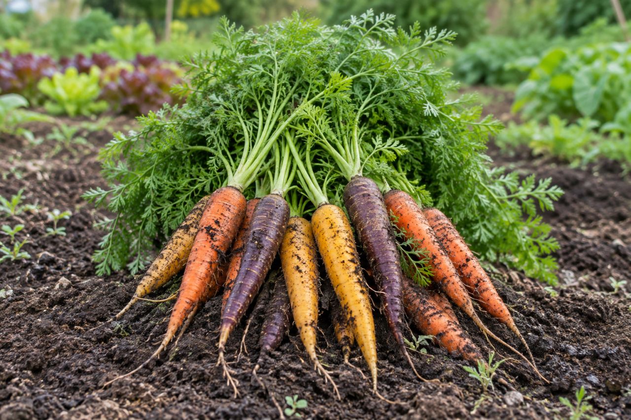 A bunch of freshly pulled orange, purple and yellow carrots with soil on