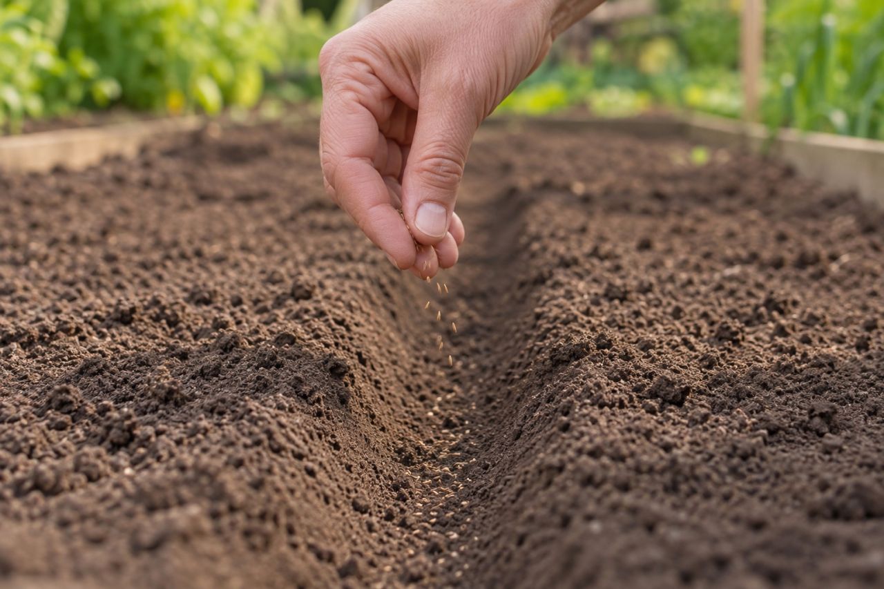 Fingers sowing carrot seed thinly along a shallow drill