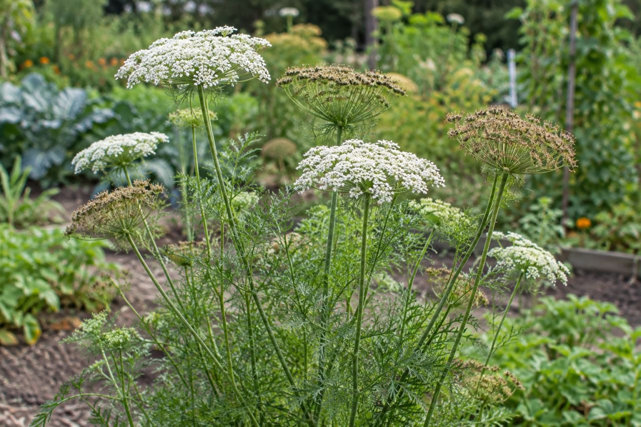 White umbrella-shaped carrot flower heads in a garden