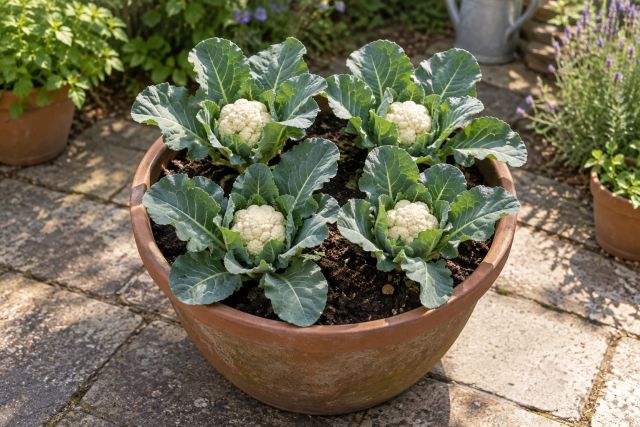 Mini cauliflowers growing in a large pot