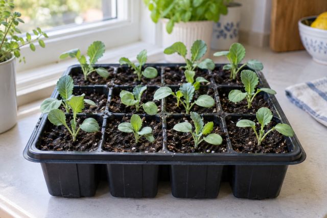 Cauliflower seedlings with their first true leaves in a module tray