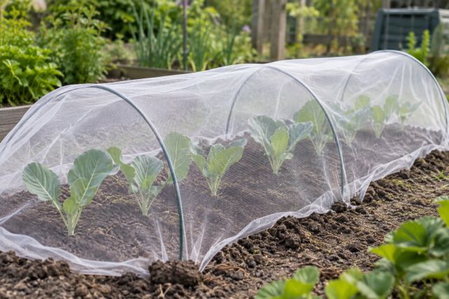 A row of young cauliflowers under insect mesh on hoops