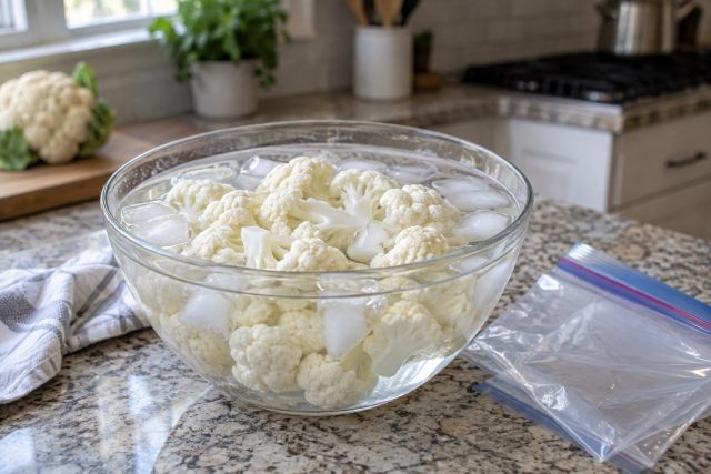 Cauliflower florets ready for freezing