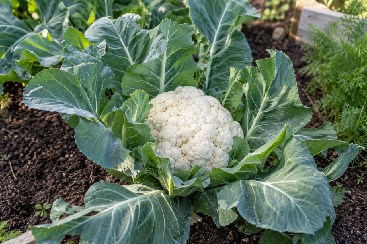 Cauliflower growing in a garden