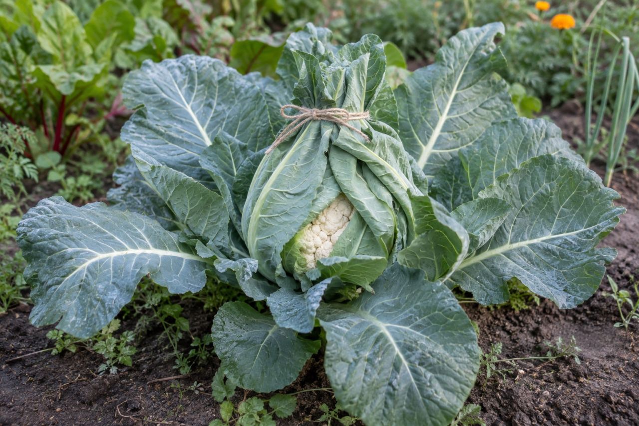 Inner leaves tied over a developing cauliflower head