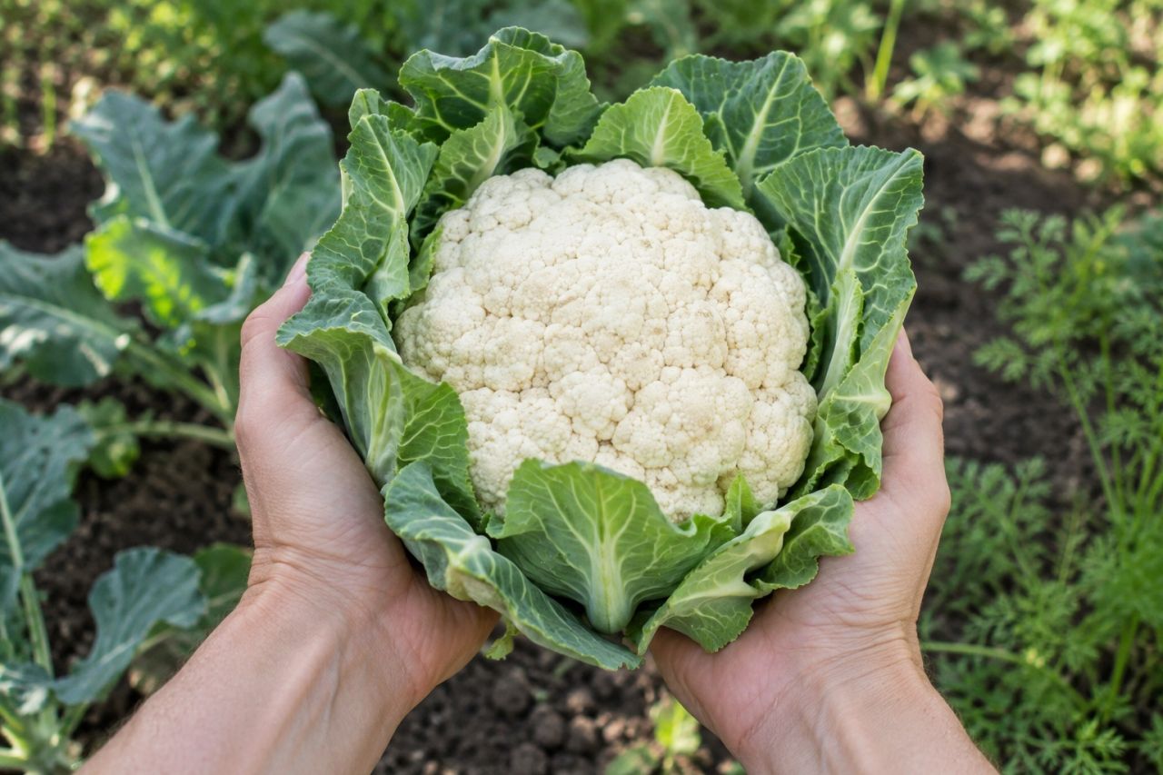A freshly cut white cauliflower with a ruff of green leaves