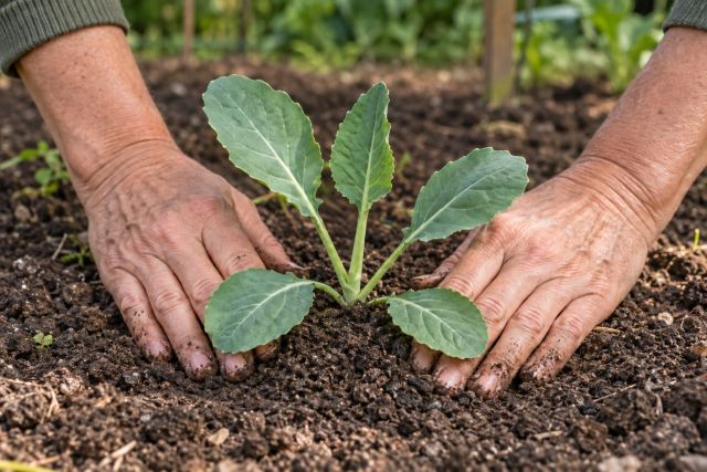 A young cauliflower plant being firmed into the soil with its lowest leaves at the surface