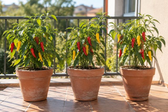 Three chilli plants in pots on a sunny balcony