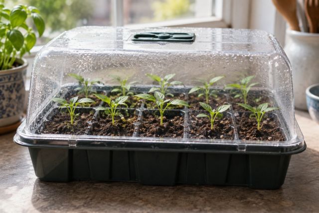 Chilli seedlings with their first true leaves in a module tray