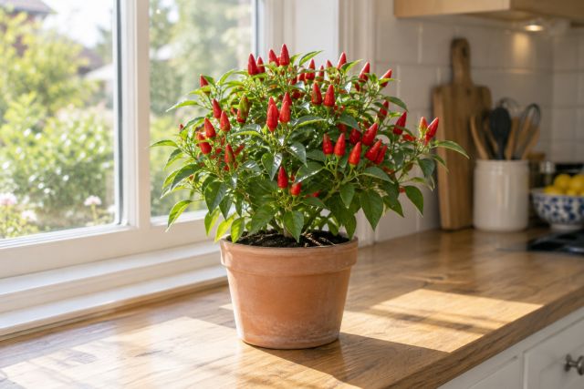 A compact chilli plant on a sunny kitchen windowsill