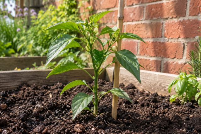 A hardened-off chilli plant set into a warm, sheltered bed
