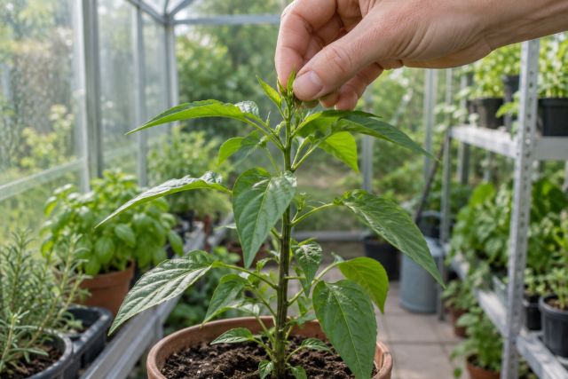 Fingers pinching out the growing tip of a chilli plant