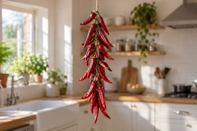 A string of red chillies hanging up to dry
