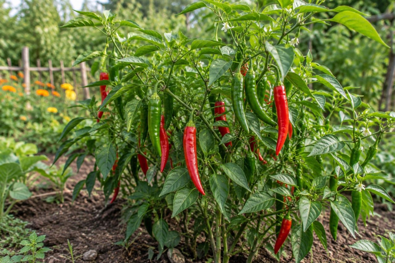 Chili peppers growing in a garden