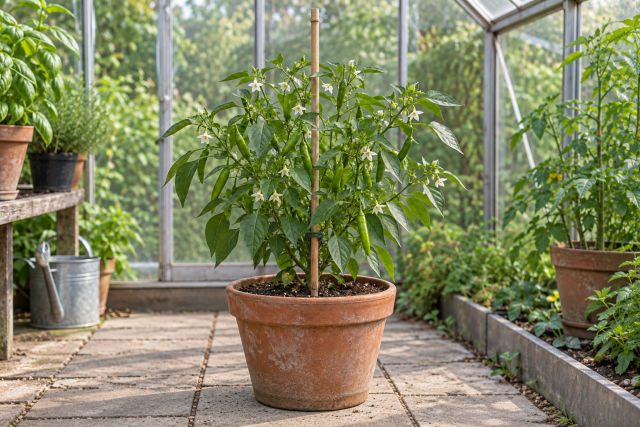 A chilli plant in a pot with white flowers and small green fruits