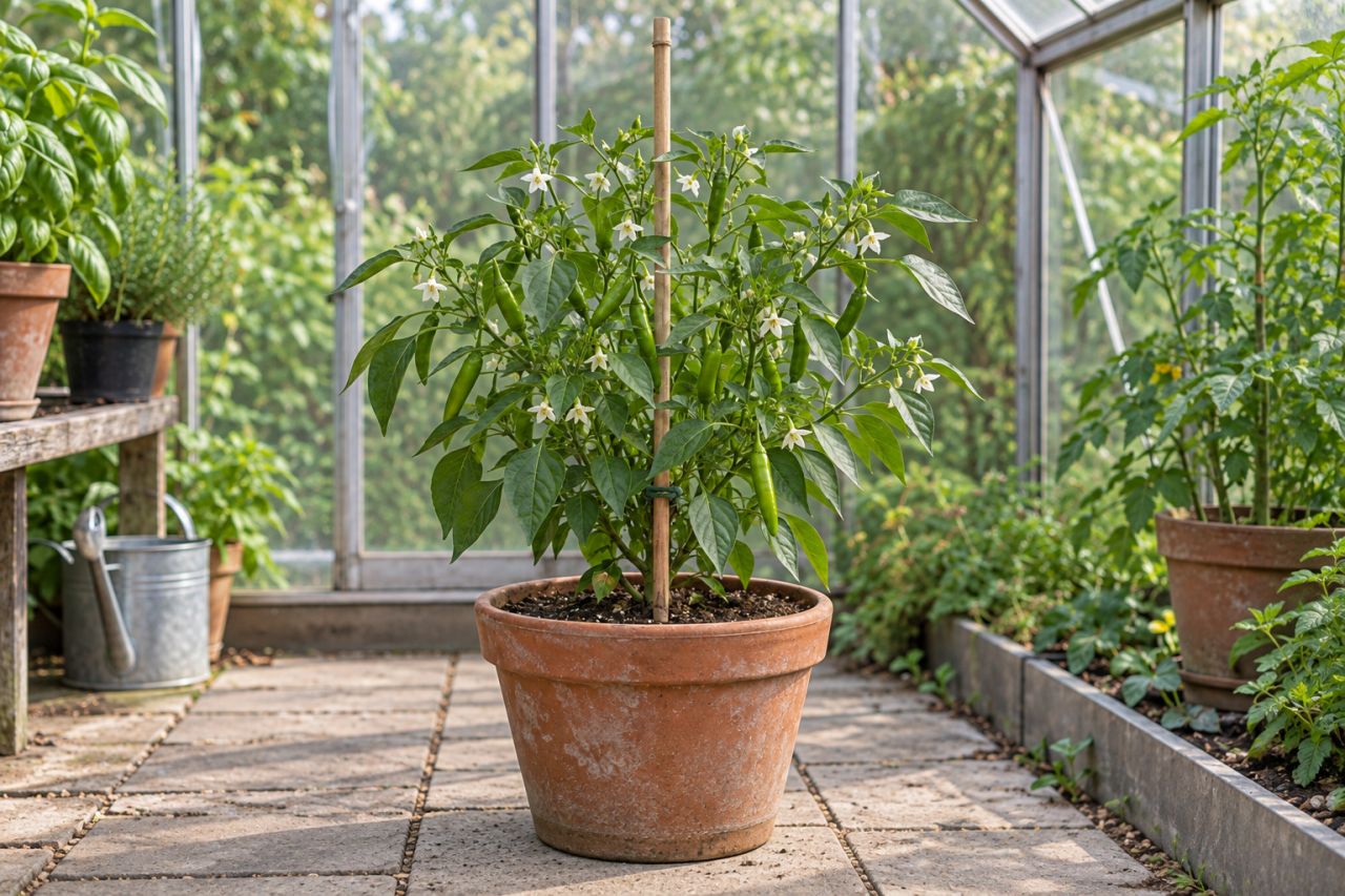 A chilli plant in a pot with white flowers and small green fruits