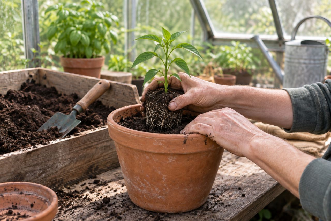 A young chilli plant being potted into a larger pot