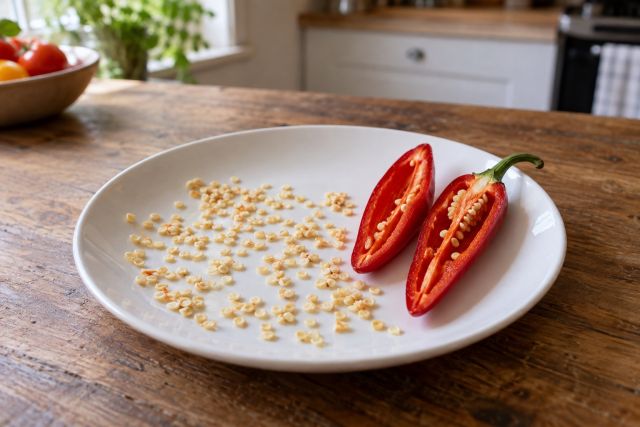 Chilli seeds drying on a plate beside a halved red chilli
